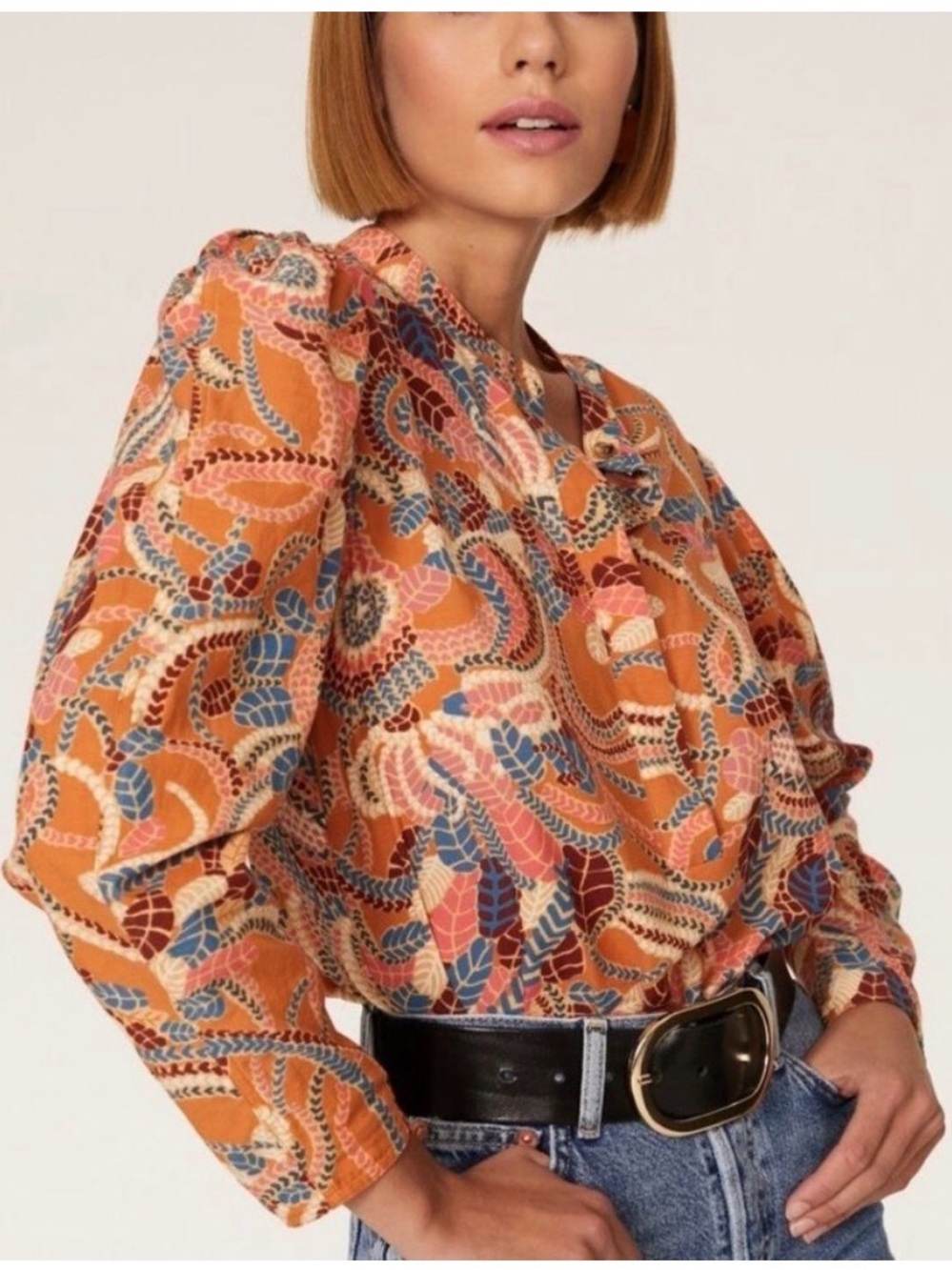 A.L.C. Marci Mosaic Print Puff Sleeve Multicolor Blouse Top Clay Combo Size 4